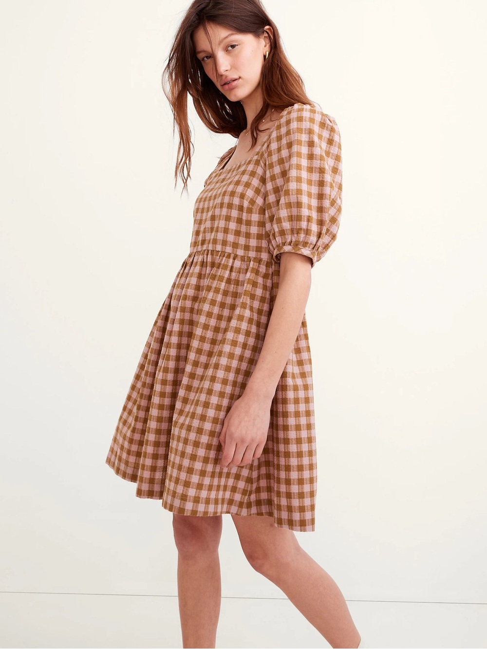 Madewell Square Neck Puff Sleeve Gingham Dress